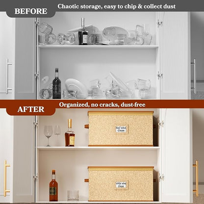 2 Pack Wine Glass Storage Box with Dividers, Hard Shell, Stackable Glassware Storage Containers with Handles & Label, 10'' Tall Stemware Storage Cases for 24 Wine Glasses, Moving & Home Storage