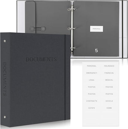 Important Document Organizer Set with Folders - Complete Linen Ring Binder Set Safely Stores All Documents & Files in One Place - Easy to Use Expanding Storage Incl. Envelopes, Pockets & Labels
