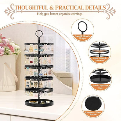 iDavosic.ly 5 Tier Rotating Earring Holder Organizer with Metal Tray, Adjustable Plastic Dangle Display Stands Tree with 285 Grooves, Large Hoop Storage Rack Tower, Black