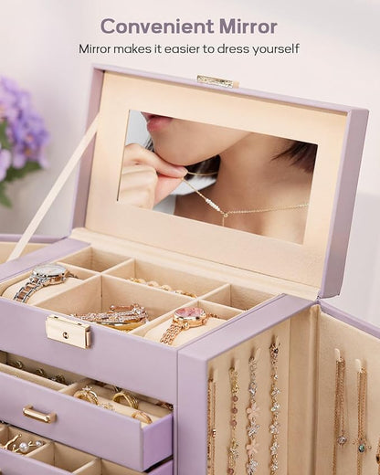 Homde Christmas Gifts Synthetic Leather Huge Jewelry Box Mirrored Watch Organizer Necklace Ring Earring Storage Lockable Gift Case (Grey Purple + Gold)