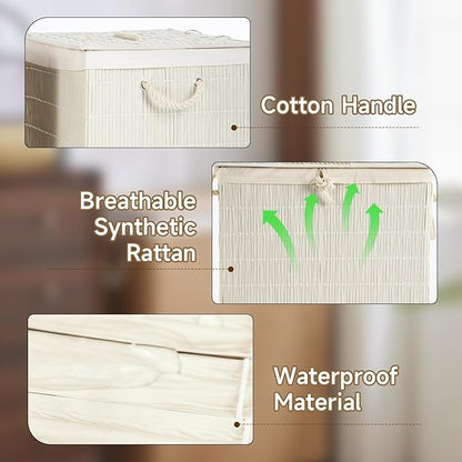 Laundry Hamper with Lid, 39.6 Gallon(150L) Large Laundry Basket 2 Removable Liner Bags, Synthetic Rattan Clothes Hamper with Side Pocket, laundry organization for bathroom, laundry room, White