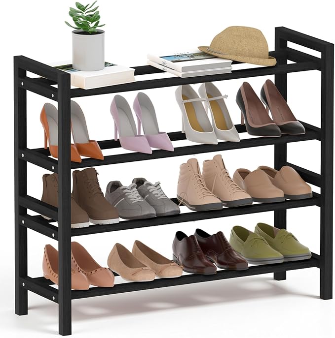 Haddockway Bamboo Shoe Rack for Closet, Free Standing Shoe Organizer with Smooth Round Rods & Convenient Handles, Stackable Shoe Storage Shelf for Entryway, Hallway(Black, 4-Tier)