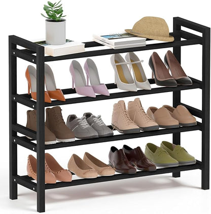 Haddockway Bamboo Shoe Rack for Closet, Free Standing Shoe Organizer with Smooth Round Rods & Convenient Handles, Stackable Shoe Storage Shelf for Entryway, Hallway(Black, 4-Tier)