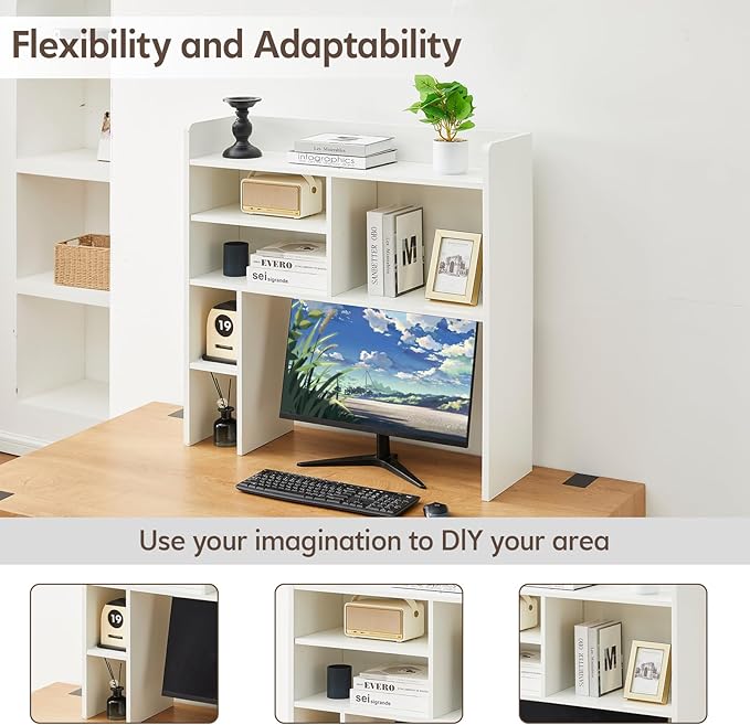 Desktop Bookshelf, Wooden Desk Hutch with 7 Shelves, 35.4" 3-Tier Desk Organizer and Storage Shelf for College Dorm Office Home (White)