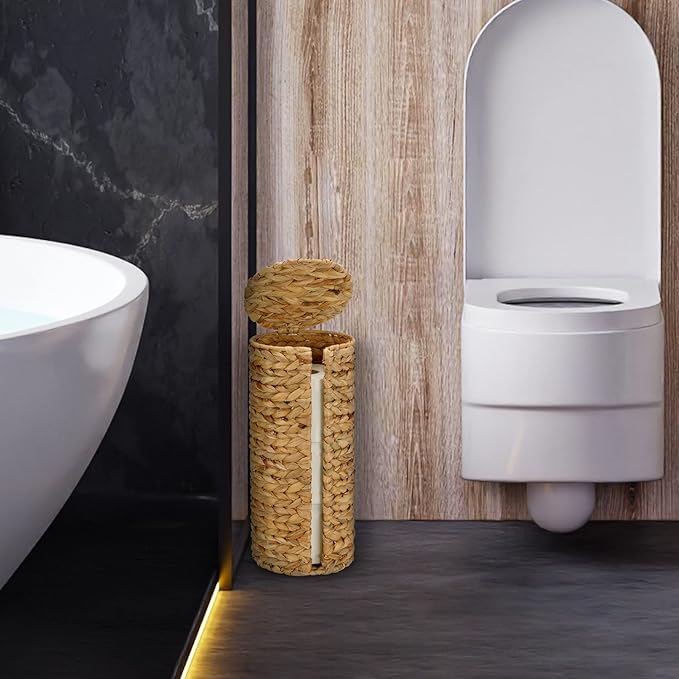 Stand Paper Storage with Lid Spare Extra 3 Rolls of Toilet Tissue Holder Free Standing Water Hyacinth Wciker Toilet Paper Organizer Basket for Bathroom