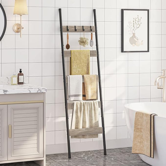 HOOBRO Blanket Ladder, 5-Tier Towel Rack with Hooks, Wall-Leaning Blanket Rack, Decorative Display Ladder Shelf, Scarves, Industrial, Living Room, Bedroom, Greige and Black BG52CJ01