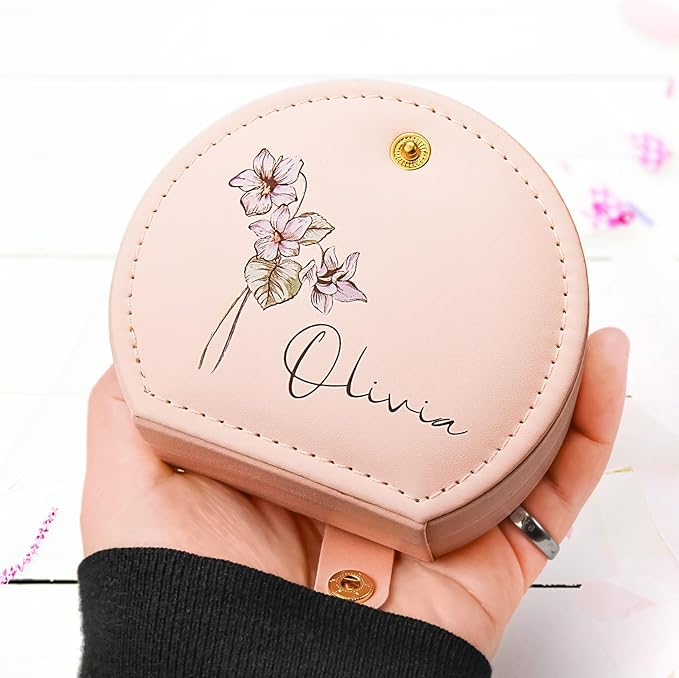 Personalized Leather Travel Jewelry Box with Name and Birth Flower for Women Gifts Custom Small Travel Jewelry Organizer Case Bridesmaid Proposal Gifts, Personalized Gifts for Women (Birth Flower)