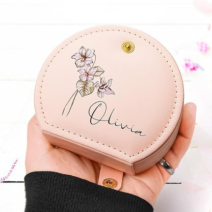 Personalized Leather Travel Jewelry Box with Name and Birth Flower for Women Gifts Custom Small Travel Jewelry Organizer Case Bridesmaid Proposal Gifts, Personalized Gifts for Women (Birth Flower)