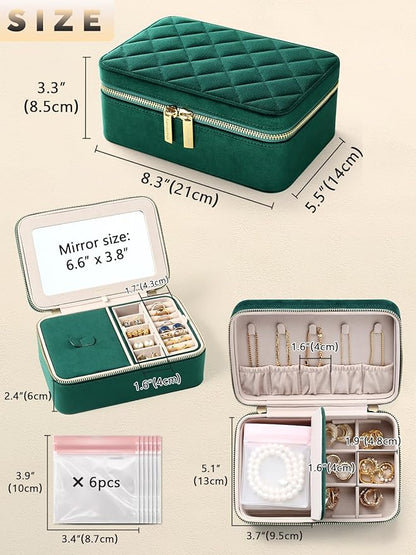 Velvet Travel Jewelry Box with Large Mirror, Double-Layer Jewelry Organizer Case for Women and Girls, Portable Storage Case with 6 Anti-Tarnish Bags Gift Ready for Her (Emerald Green)