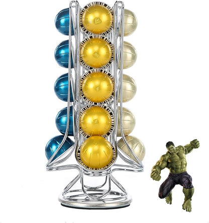 FlagShip Coffee Pod Holder 360-Degree Rotatable Nespresso Vertuoline VertuoPlus Capsules Coffee Pods Capsules Stand Storage Rack Single Serve, Silver Metal(20 Pods)