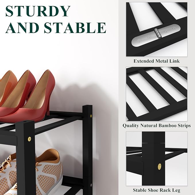 Smiry Bamboo Shoe Rack, 2 Tier Free Standing Wooden Shoe Organizer, Stackable Wood Shoe Storage Shelf for Closet, Entryway, 12 Vertical Slats, One-piece Standard Legs, 26.8"x11"x13", Black