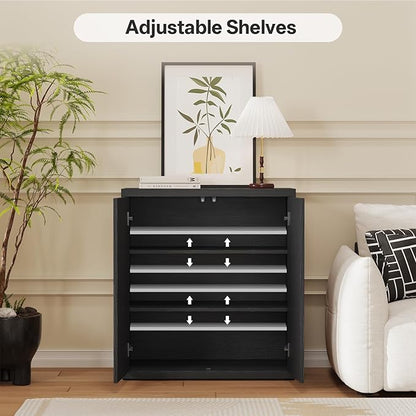 31” Sideboard Cabinet with Storage, Fluted Accent Cabinet with Adjustable Shelves, Modern Wood Credenza Cabinets with Pop-up Doors for Entryway Kitchen Living Room Hallway, Black