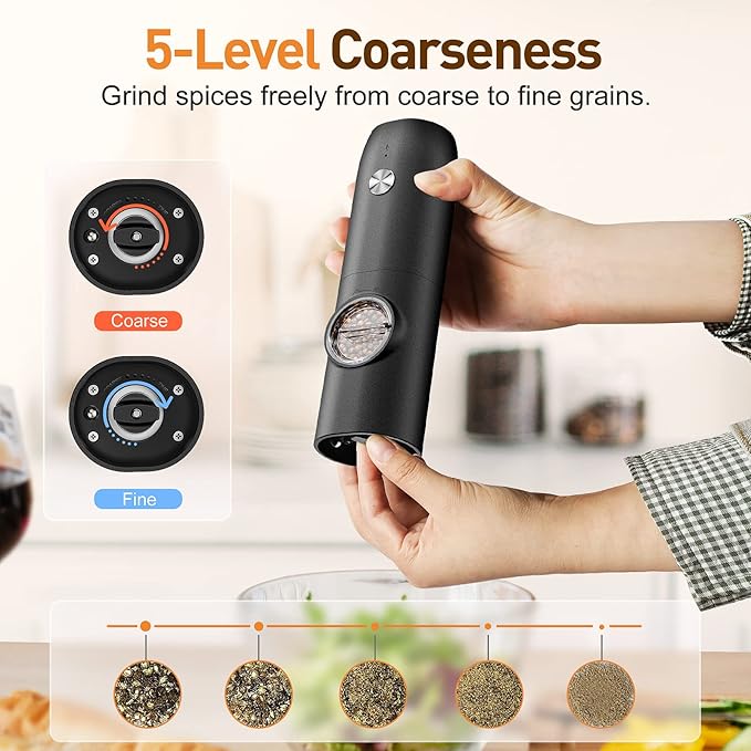 Electric Salt and Pepper Grinder Set, Rechargeable Automatic Pepper Mill Grinder with LED Light, Adjustable Coarseness shakers, One-Hand Operation for Kitchen Appliances(2 Pack Black)