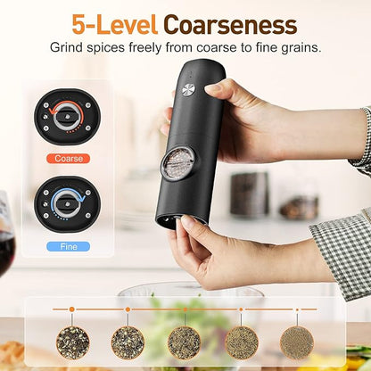 Electric Salt and Pepper Grinder Set, Rechargeable Automatic Pepper Mill Grinder with LED Light, Adjustable Coarseness shakers, One-Hand Operation for Kitchen Appliances(2 Pack Black)