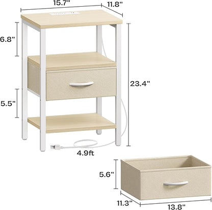 SUPERJARE Nightstand with Charging Station, Bed Side Table with Adjustable Fabric Drawer, Night Stand for Bedroom, 3-Tier Storage End Table, for Living Room, White Maple