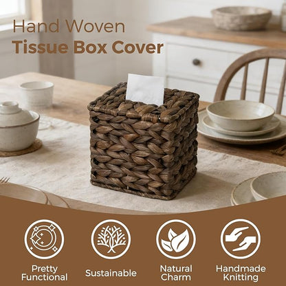 Tissue Box Cover, Square Wicker Tissue Box Holder Facial Tissues Boxes, Hand Woven Napkin Box Tissue Holder for Bathroom Bedroom Office Table Desk Night Stand, Boho Decorative, Brown