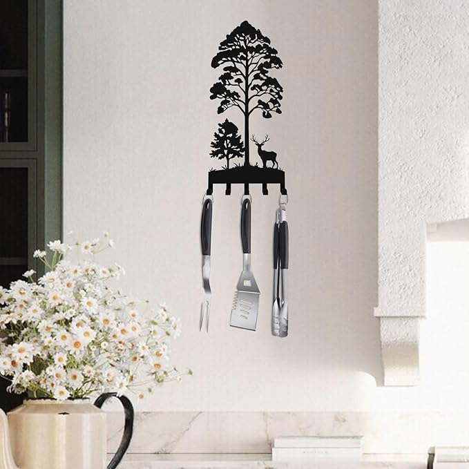 Key Holder for Wall, Metal Key Holder Hooks Organizer Rack, Key Organizer Wall Decorative with 5 Hooks for Entryway, Front Door, Hallway, Bedroom, Office (12 Inches, Deer, Tree)