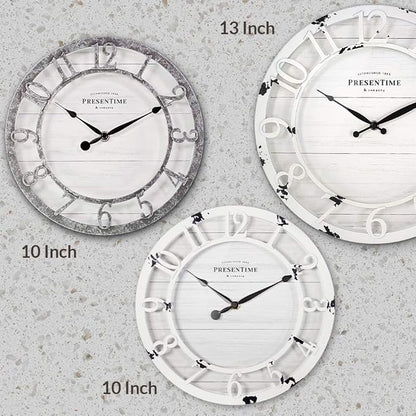 Presentime & Co 10" Farmhouse Series Wall Clock, Shiplap Style, Raised 3D Arabic Numeral, Antique Distressed White