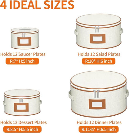 Aokeyee 4 Pcak China Storage Containers, Hard Shell Plates Storage Box with 48 Soft Divider for Saucer, Dessert, Salad, Dinner, Sturdy Quilted Stackable Dish Organizer for Moving & Protection, Ivory