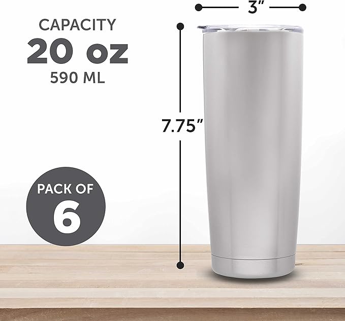 DISCOUNT PROMOS Pipette Stainless Steel Coffee Tumblers 20 oz. Set of 6, Bulk Pack - Double Wall, Perfect for Coffee, Hot Cocoa, Other Hot & Cold Beverages - Silver