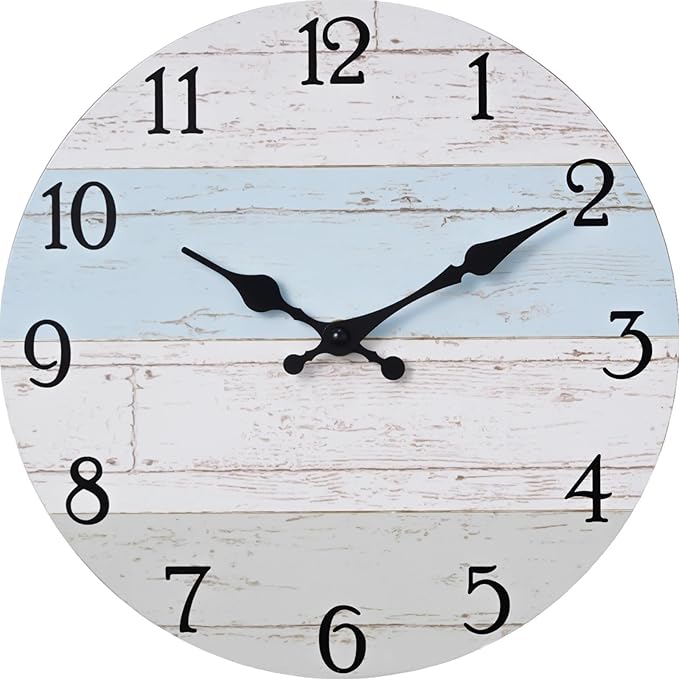 KECYET Wall Clock 14 Inch Silent Non-Ticking Coastal Beach Style Wall Clocks Battery Operated Rustic Retro Decorative for Kitchen, Bathroom, Living Room, Laundry Room(Azure Blue)