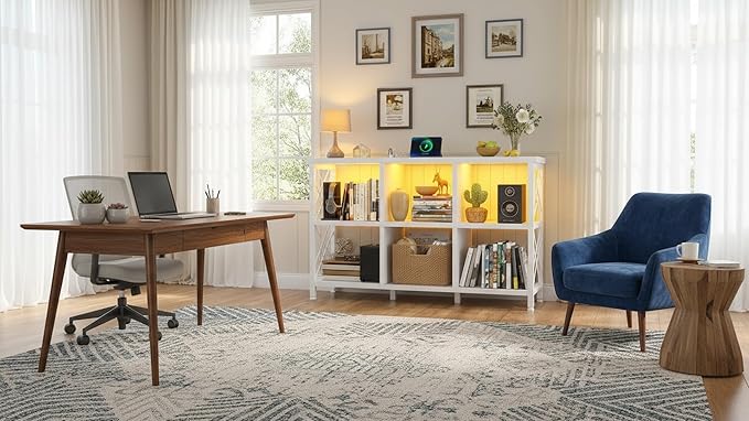 6 Cube Storage Organizer with LED Light and Charging Station, Wood and Metal Cube Shelf, White Horizontal Book Shelf for Bedroom, Home Office