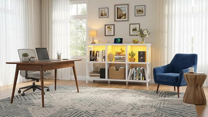 6 Cube Storage Organizer with LED Light and Charging Station, Wood and Metal Cube Shelf, White Horizontal Book Shelf for Bedroom, Home Office