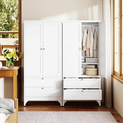 Letaya Metal Wardrobe Cabinets with 2 Drawers,71"Tall Armoire Wardrobe Closet with Doors and Shelves,Large Coat Closet Cabinet with Hanging Rod,Clothing Storage Cabinets for Bedroom,Home Office,White
