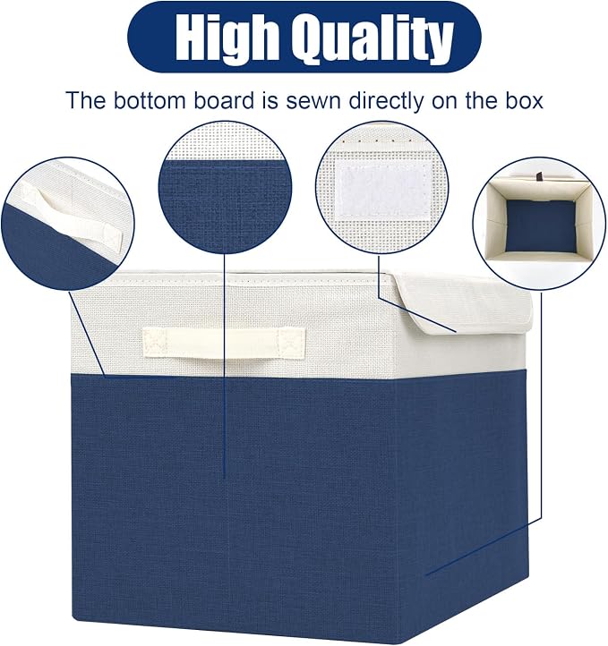 Large 17" 42 Quarts Collapsible Stackable Storage Bins with Lids [3-Pack] Foldable Fabric Linen Storage Boxes Cube, Closet Organizer Baskets with Label for Home (16.7 x 12 x 12", Navy Blue & White)