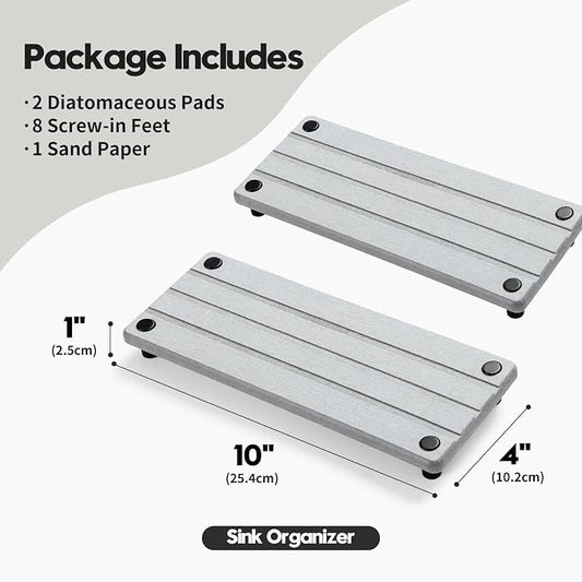 Razborci 2 Pack Fast Drying Water Absorbing Diatomite Stone Mat Tray for Kitchen & Bathroom Counter - Instant Dry Sink Caddy Organizer - Vanity Holder for Soap, Sponge – Light Gray 10" x 4"