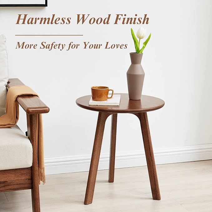 100% Solid Oak Small Side Table - Easy Assembly Round End Table with 3 Legs Pillars for Living Room, Bedroom, or Balcony - Mid Century Modern Nightstand for Small Spaces (Walnut, 2)