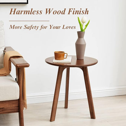 100% Solid Oak Small Side Table - Easy Assembly Round End Table with 3 Legs Pillars for Living Room, Bedroom, or Balcony - Mid Century Modern Nightstand for Small Spaces (Walnut, 2)