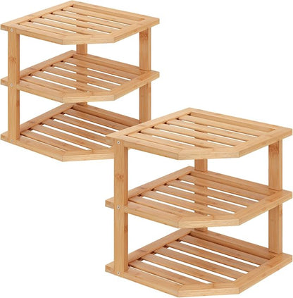3 Tier Bamboo Corner Shelf(2 Pack),Dish Drying Rack,Plate Organizer,Kitchen Spice Rack for Countertop and Cabinet