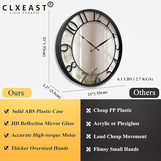 CLXEAST 21 Inch Mirrored Glass Wall Clock Decorative, Large Black Arabic Numeral Wall Clocks for Modern Farmhouse Living Room Decor,Reloj De Pared para Sala
