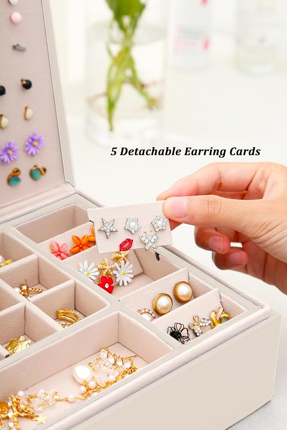 QBestry Girls Jewelry Box Earring Holder Organizer for Girls Jewelry Organizer Box Stud Earrings Organizer for Girl Womens Beige Jewelry Box for Earrings and Necklaces Rings Stud Earring Box for Teen