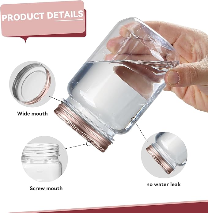 novelinks 16 oz Clear Plastic Jars with Lids, Refillable 16oz Mason Jars with Lids & Storage Containers for Kitchen & Household Use (24 Pack,Rose Gold)