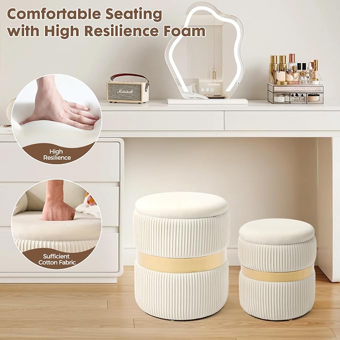 Round Ottoman with Storage Set of 2 Small Ottoman Coffee Table, Foot Stool, Vanity Chair, Removable Lid, for Living Room, Bedroom, Hallway, Assembly Free (White with Middle Gold)
