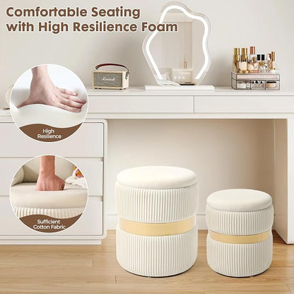 Round Ottoman with Storage Set of 2 Small Ottoman Coffee Table, Foot Stool, Vanity Chair, Removable Lid, for Living Room, Bedroom, Hallway, Assembly Free (White with Middle Gold)
