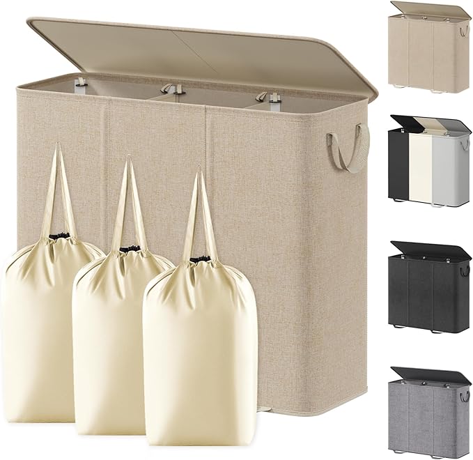 Lifewit Triple Laundry Hamper with Lid and Removable Laundry Bags, Large Collapsible 3 Dividers Dirty Clothes Basket with Handles for Bedroom, Laundry Room, Closet, Bathroom, College, 185L Beige