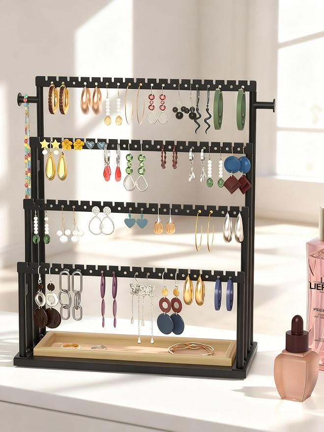Earring Holder Organizer, 4-Tier Metal Jewelry Display Stand with Wooden Storage Organizer, Large Earring Holder for Studs, Hoops, and Dangles, Modern Jewelry Organizer for Women