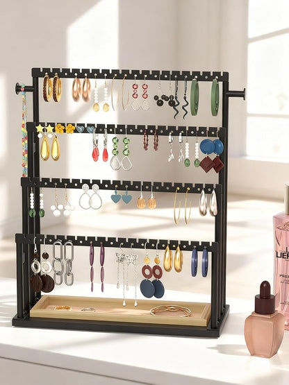 Earring Holder Organizer, 4-Tier Metal Jewelry Display Stand with Wooden Storage Organizer, Large Earring Holder for Studs, Hoops, and Dangles, Modern Jewelry Organizer for Women