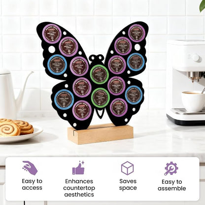 Butterfly Shaped K Cup Holder, Coffee Pod Storage Organizer for 16 Capsules, Classic Black Coffee Bar Accessories, Compatible with Most K-Cups, Suitable for Home Kitchen & Office Countertop
