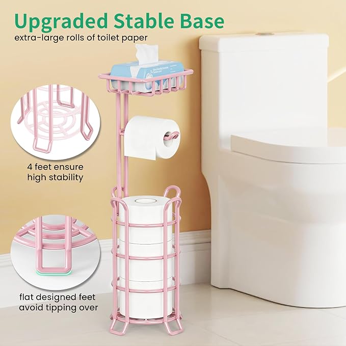 TomCare Toilet Paper Holder Stand with Storage Shelf Tissue Paper Roll Dispenser Free Standing 4 Raised Feet Toilet Paper Storage Metal Bathroom Organizers and Storage, Pink