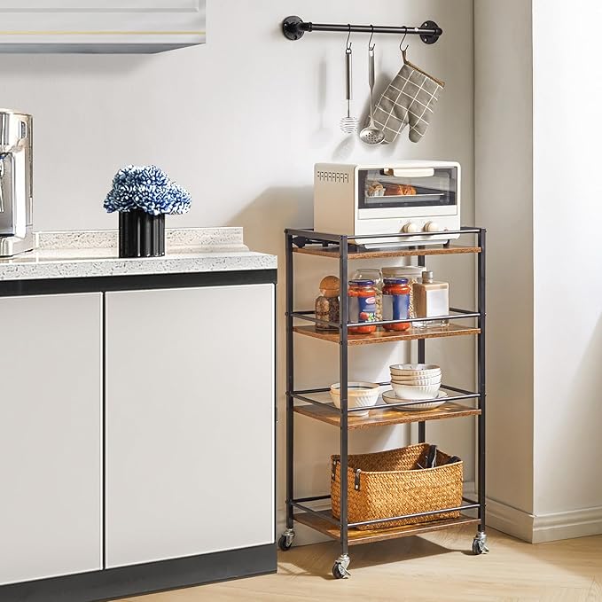 IBUYKE Industrial Bar Storage Cart, Mobile 4-Tier Shelf, Bedroom, Living Room & Bath Rustic Brown TMJ419H
