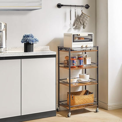 IBUYKE Industrial Bar Storage Cart, Mobile 4-Tier Shelf, Bedroom, Living Room & Bath Rustic Brown TMJ419H