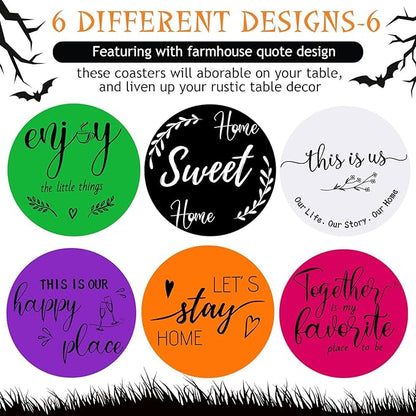 Queekay Coasters Set of 6 House Warming Gifts New Home Wooden Farmhouse Drink Coasters with Holder 4'' Funny Decoration for Kitchen Family Coffee Bar Tabletop Protection(Bright Color)