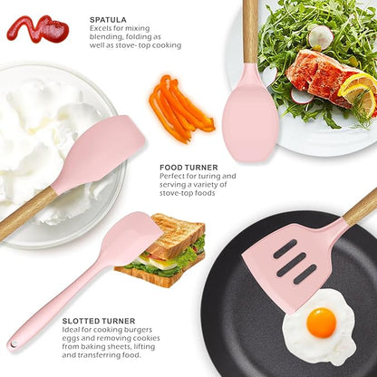 oannao Silicone Kitchen Utensils Set - 446°F Heat Resistant Cooking Utensil Sets, Spatula,Turner,Tongs,Spoon,Whisk, Wooden Handle Silicone Kitchen Gadgets Tools for Non-Stick Cookware BPA Free (Pink)