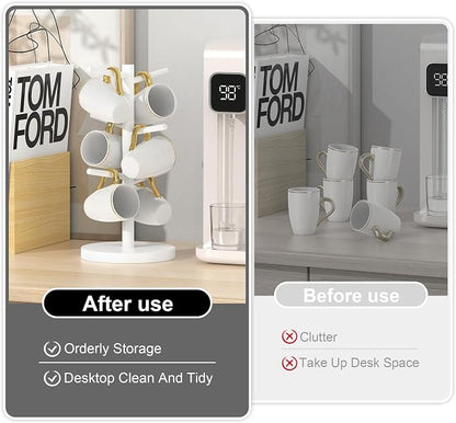 Wisuce White Coffee Mug Tree, Updated Thick Bamboo Mug Holder Base,Coffee Cup Stand Mug Holders with 6 Hooks for Countertop Organizer Stand