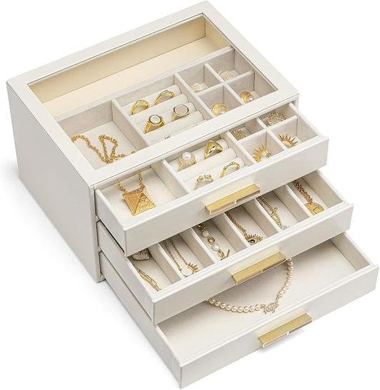 VLANDO Jewelry Box for Women, 3-Layer Jewelry Organizer with Drawers, Glass Lid Display Jewelry Storage, Soft PU Leather Exterior, Contrast Gold Metal Handles, Refined Style - Cloud White