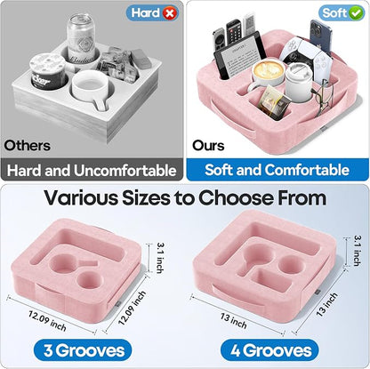 Couch Cup Holder Pillow, Sofa and Bed Caddy for iPad, Kindle, Switch, Game Controller, Remotes, Phones, Small-Sized Cup and Drink Holder for Couch, Bed, Desk, Car, Beach, Bathroom Cup Holder, Pink